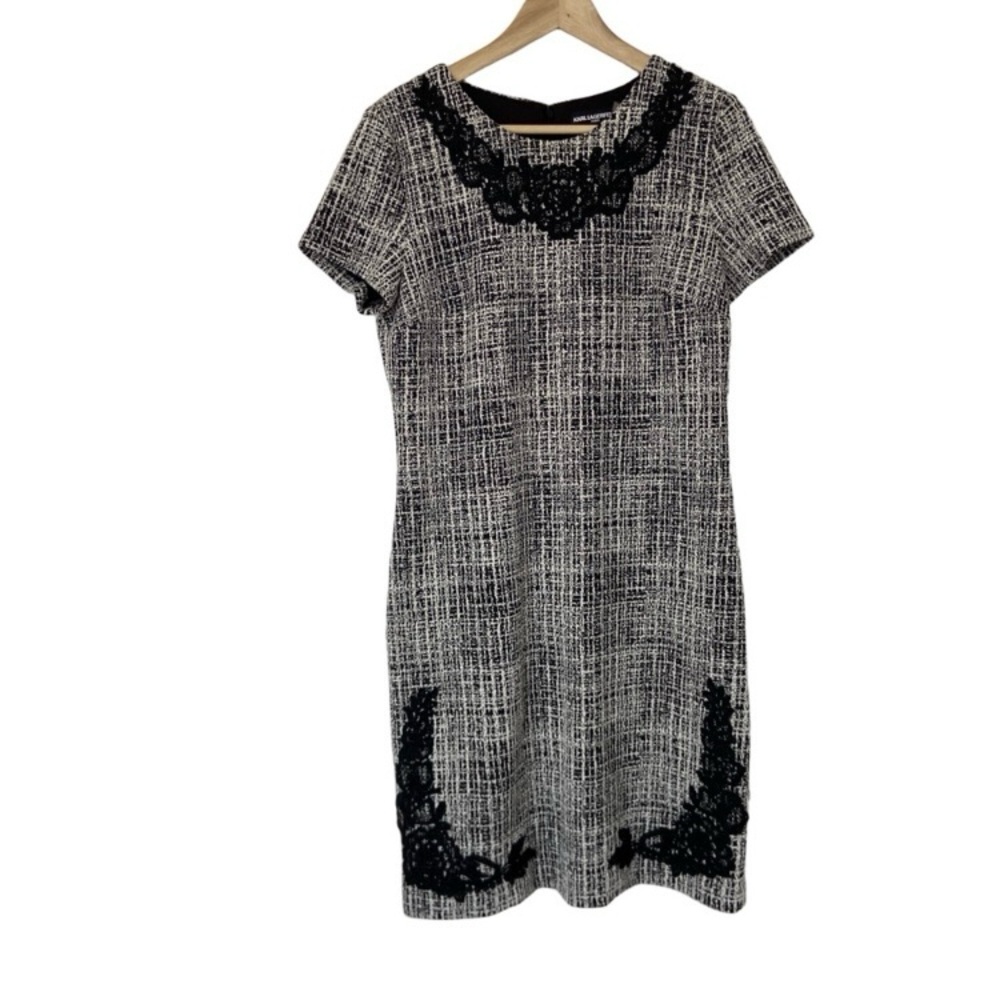 KARL LAGERFELD GREY/BLACK/WHITE SHEATH STYLE DRESS WITH LACE APPLIQUE, SIZE  10